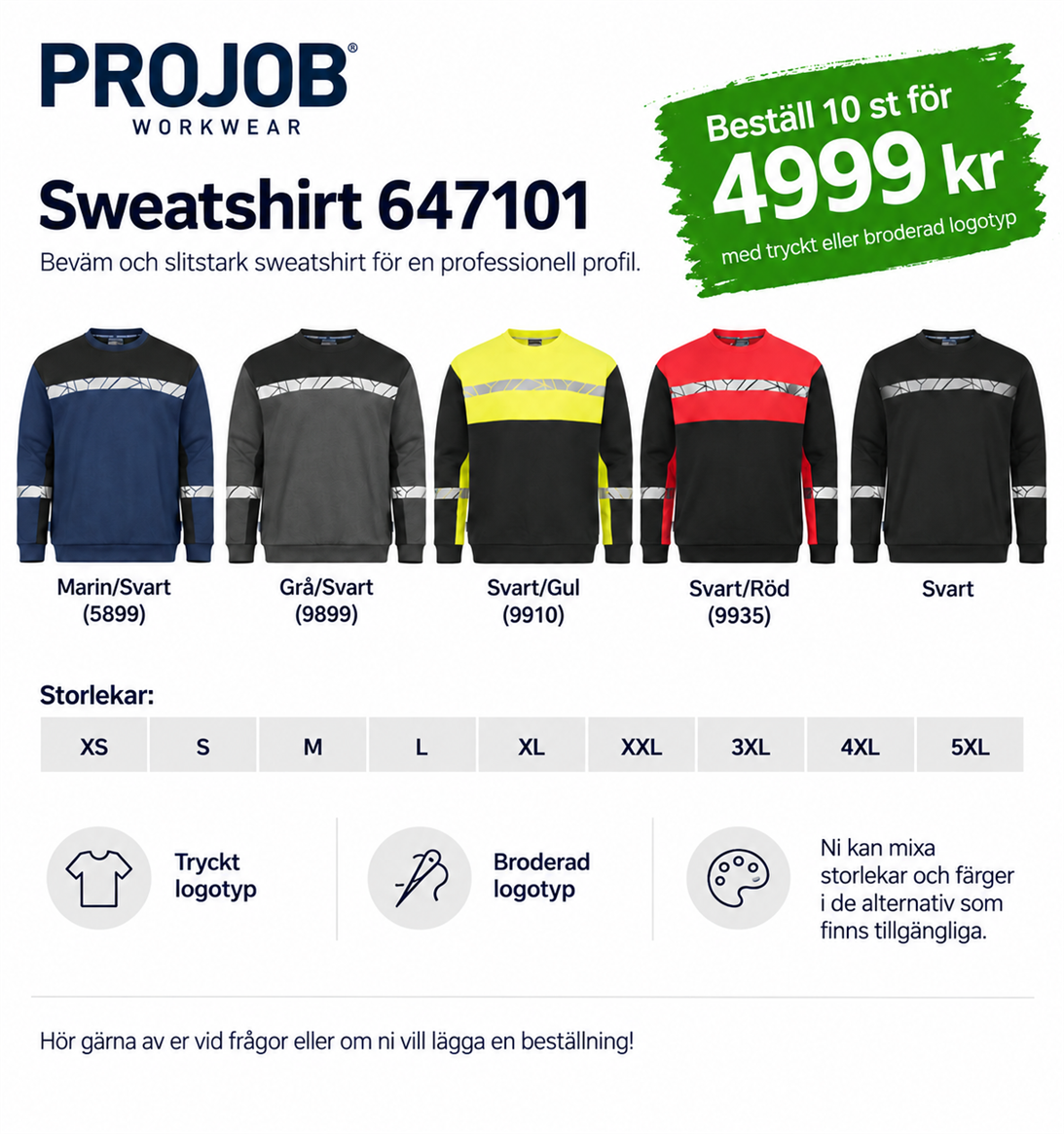 10 st ProJob 7101 sweatshirts med egen logotyp